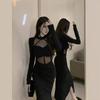 Autumn New Black Spice Girl Sexy Hip Skirt Mesh Splicing Hollow Pure Desire Style Dress Women