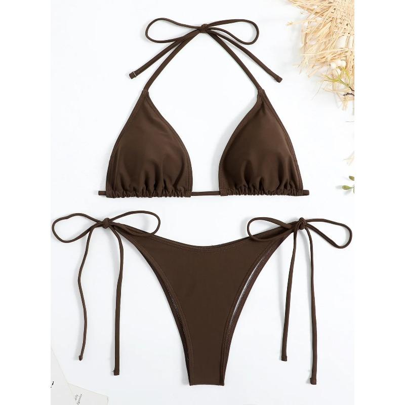 Sexy Brown Bikini 2026 Women Solid Red Halter Push Up Bra Tie Side Triangle Swimsuit Summer Bathing Suit Lace Up Micro Swimwear