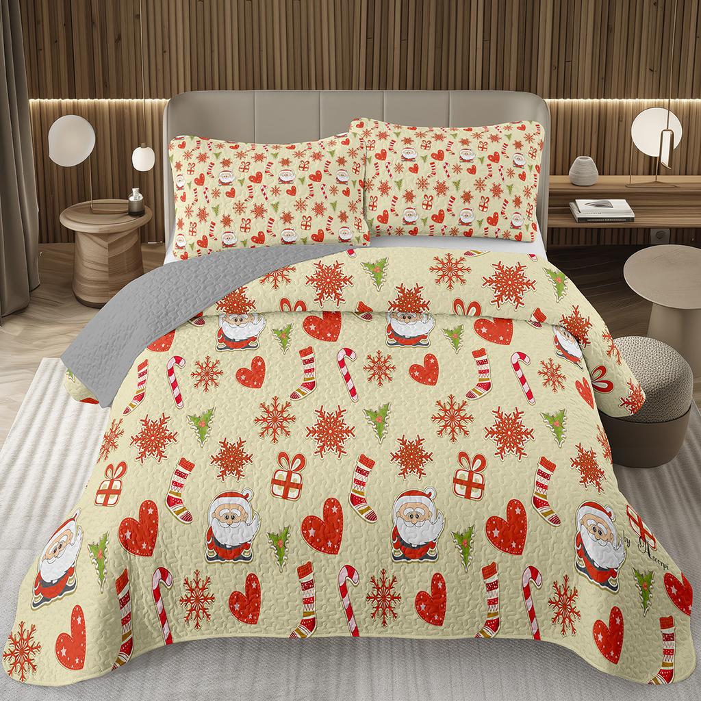 Christmas Bedspread Queen/Full Xmas Tree Quilted Coverlet for Boys Girls,Cartoon Festival Theme Quilt Set Happy New Year Bedding