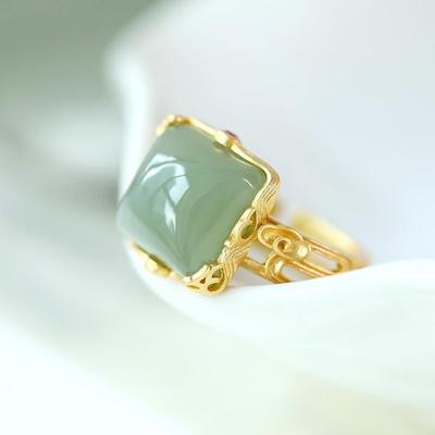 Three-Dimensional Design Natural Hetian Jade Square Open Ring Chinese Style Pattern Craft Light Luxury Women'S Jewelry
