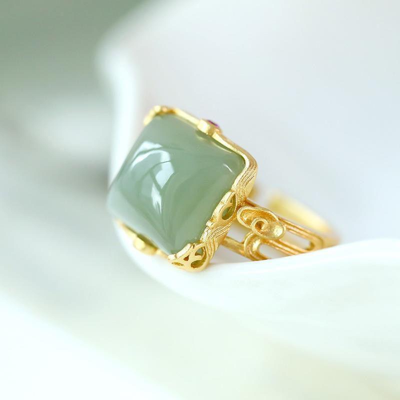 Three-Dimensional Design Natural Hetian Jade Square Open Ring Chinese Style Pattern Craft Light Luxury Women'S  Jewelry