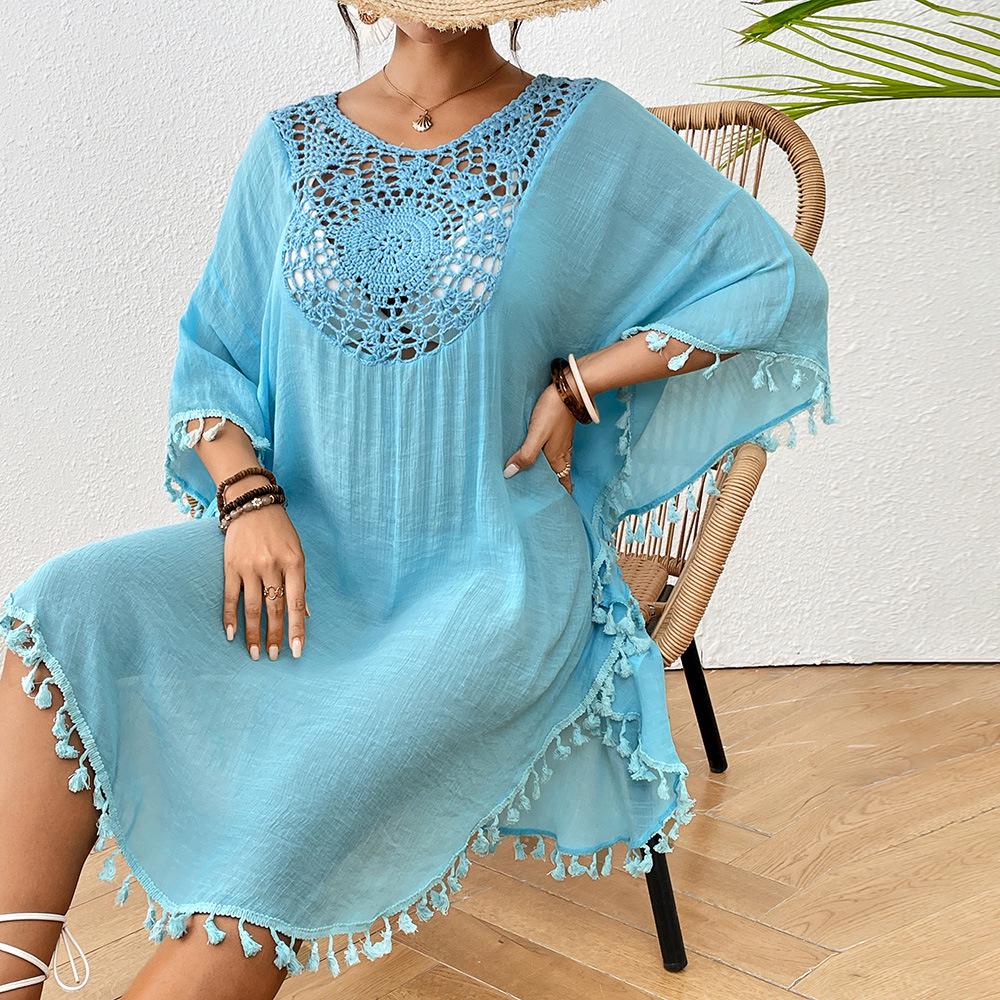 

Пляжное платье 2024, вязаный крючком пэчворк, кисточки, накидка One Size