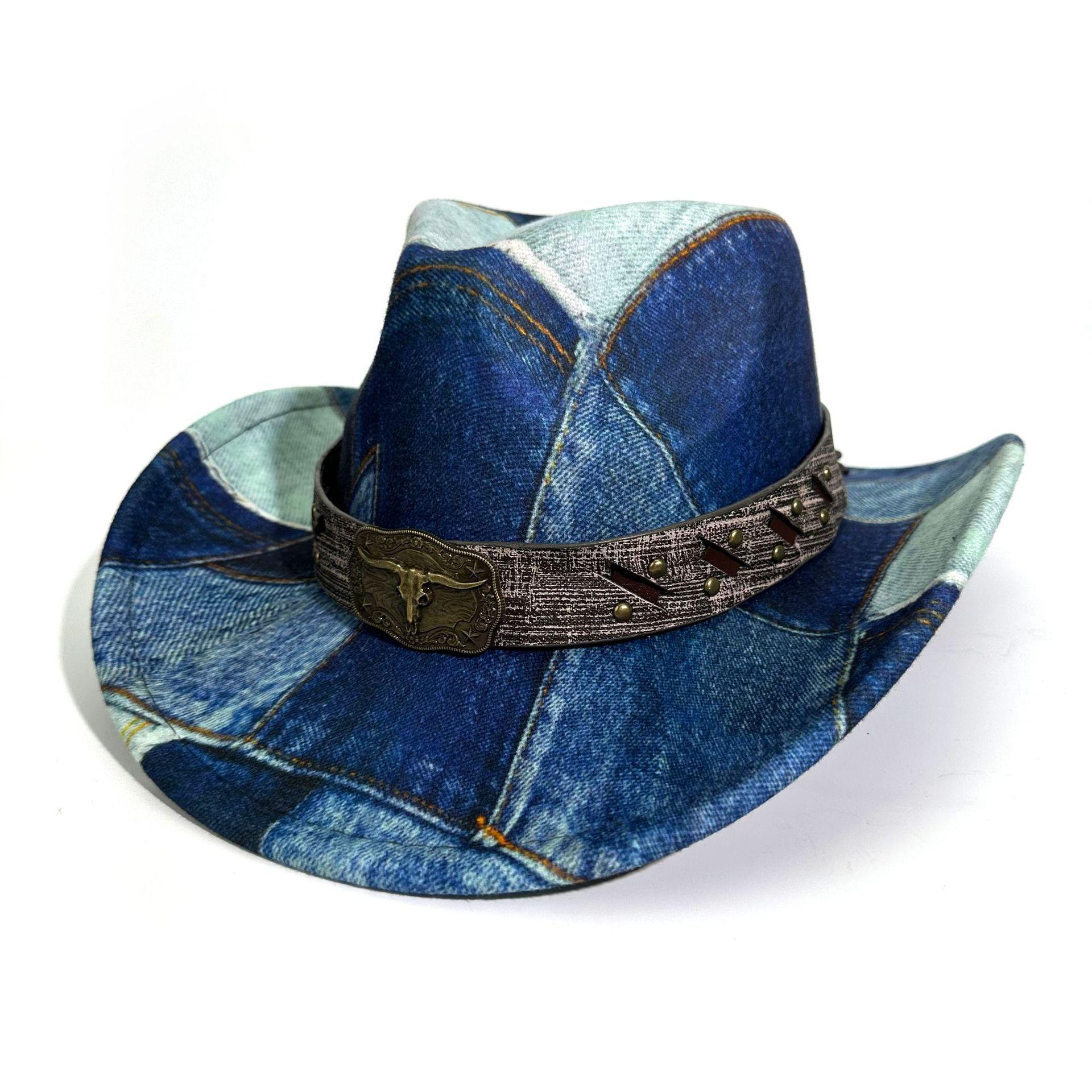 

Western Cowboy Hat Bull Head Accessories Jazz Hat Men S And Women S Versatile Top Hat M（56-58cm） темно-синього кольору