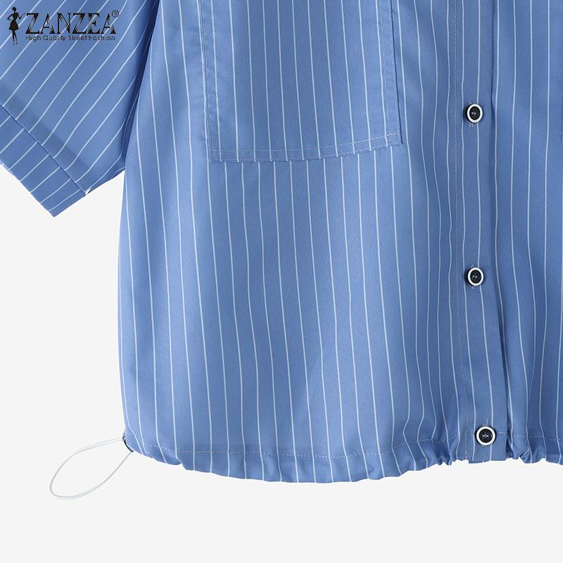 ZANZEA Women Casual Turn Down Collar Short Sleeve Loose Stripe Blouse