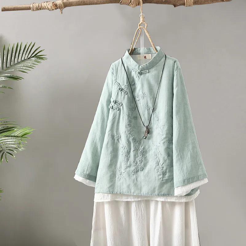 Women's 2024 Retro Embroidered Cotton-Linen Button-Up Shirt - Chinese Zen Tea Service, Loose Fit, Round Neck.
