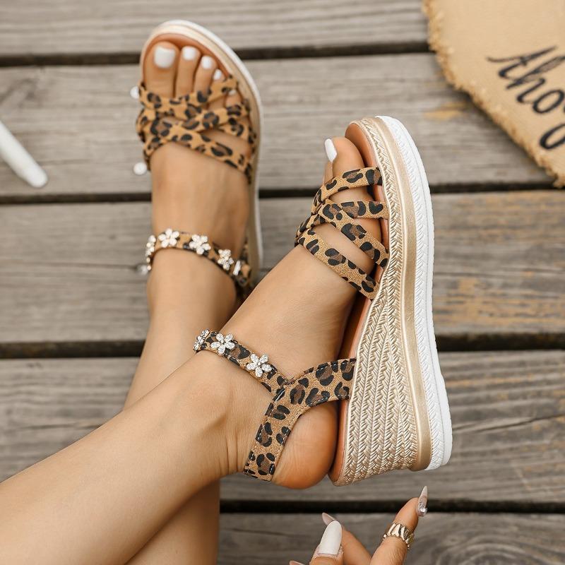 Summer Sandals Fashion Thick Women Shoes Sloping Heels Trendy Leopard Print High Heels High-end Retro Temperament Roman Slippers