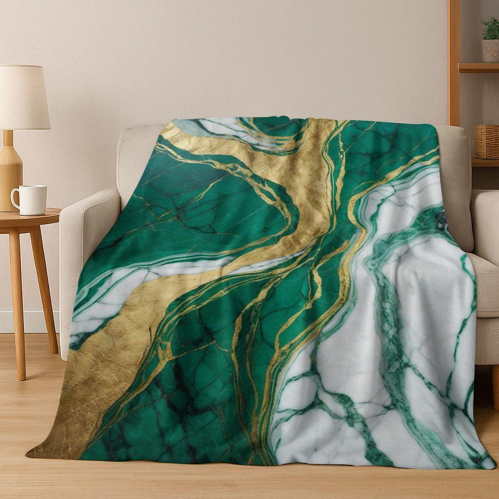 Luxurious Black Green Gold Marble Colorful Stone Texture Art Flannel Blanket,Cozy Soft Throw Blanket for Home Bedroom Bed Sofa