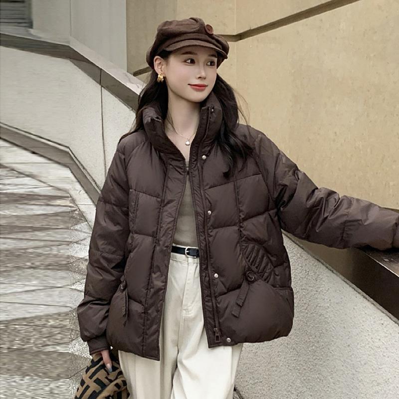 Down jacket women's 2024 winter new fashion design sense pocket thickened stand-up collar white duck down warm jacket