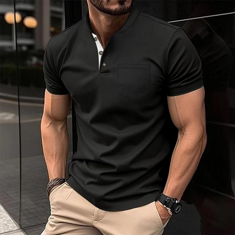 Summer New Foreign Trade Large Size Men's Solid Color Short-sleeved Button-up Pocket T-shirt Polo Shirt