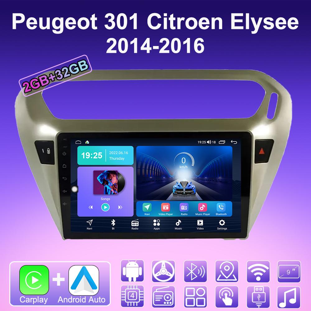 2 DIN Android Carplay Autoradio für Peugeot 301 Citroen Elysee 2014-2016 Multimedia-Player Head Unit Stereo GPS-Navigation BT WIFI 2 + 32 GB