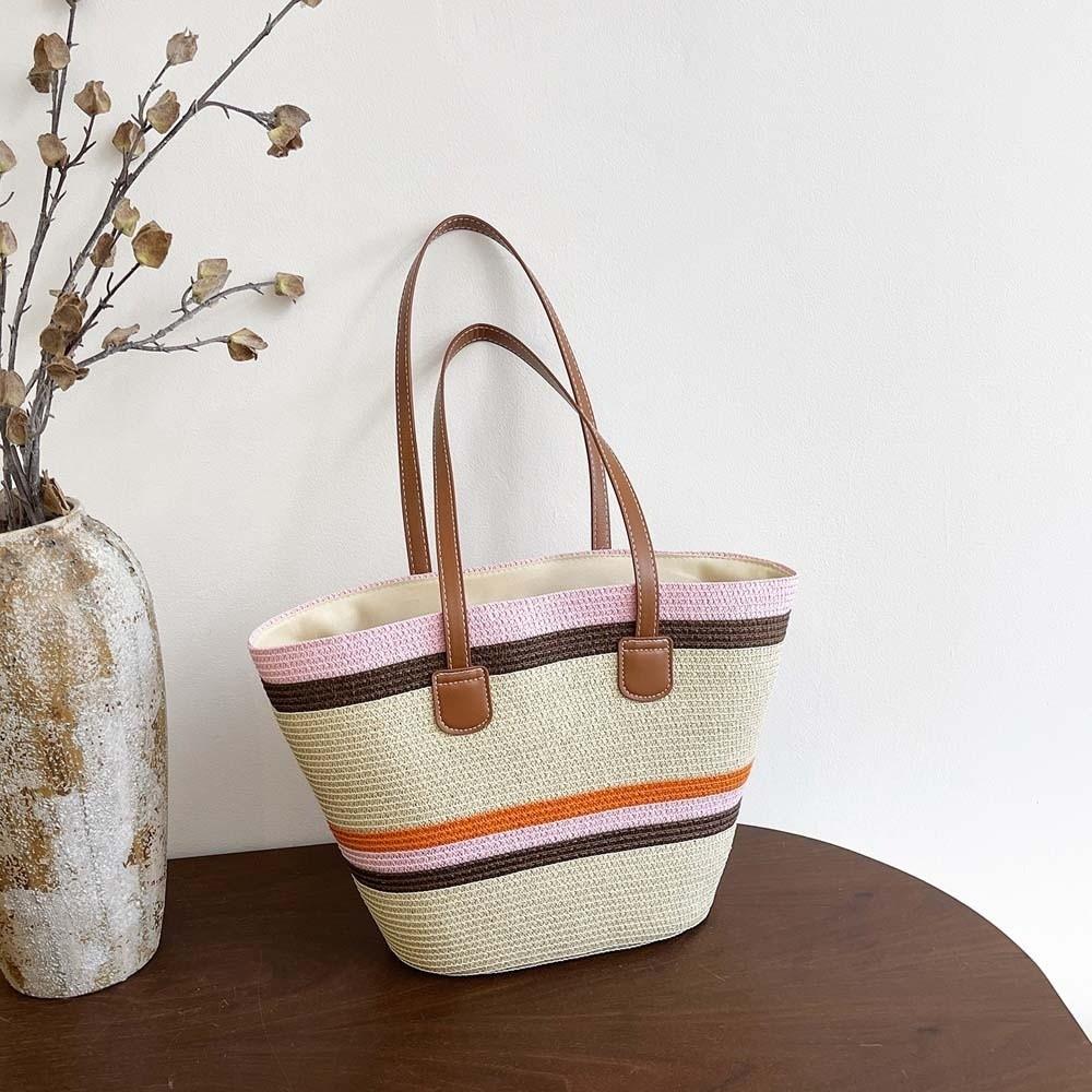 Polyester Shopping Straw Bag Lightweight Summer Beach Handbag Stripe Woven Tote Bag  School