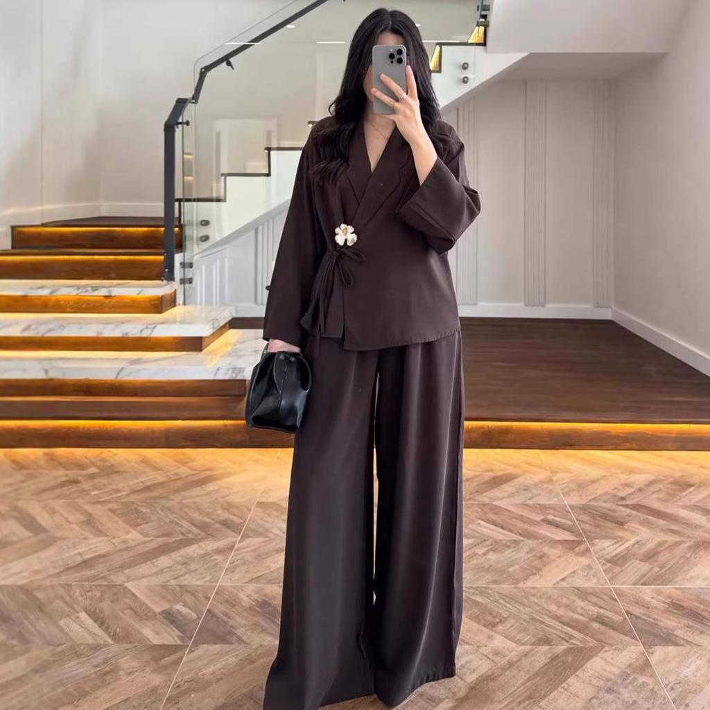 Abbigliamento donna europeo e americano transfrontaliero Amazon sexy scollo rotondo cintura casual manica lunga semplice pantaloni a gamba larga set