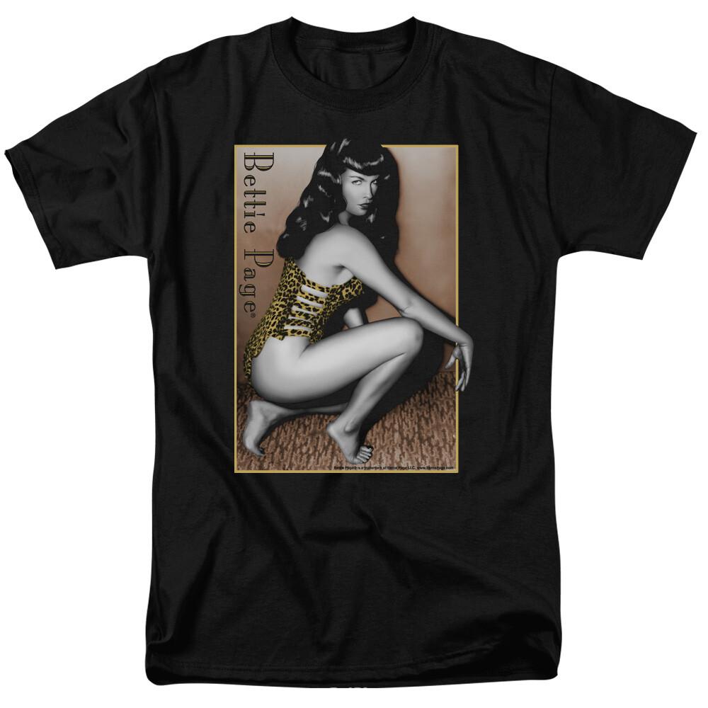 Bettie Page Crouching Leopard T Shirt Licensed 1950 Pin Up Girl Model Tee Black L
