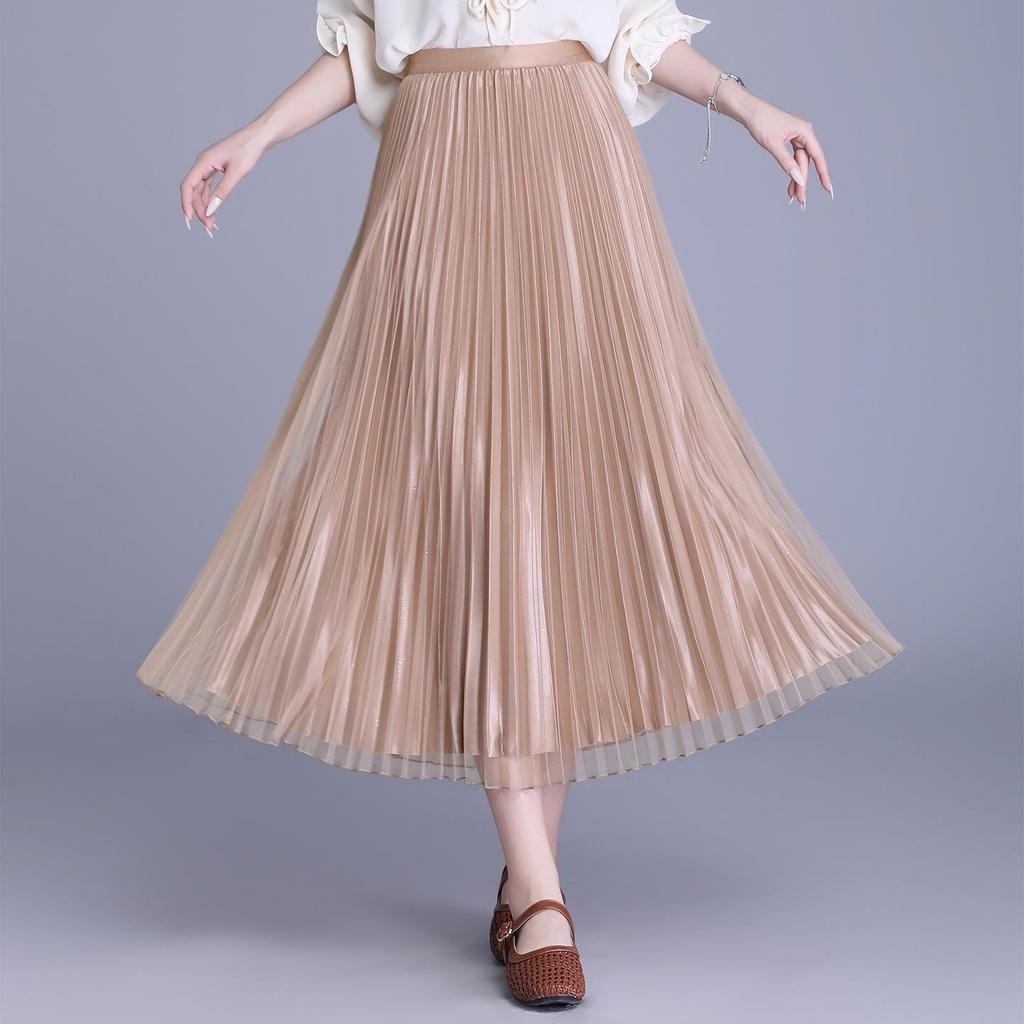 Solid Color High-Waisted Pleated Lurex Mesh Midi Skirt