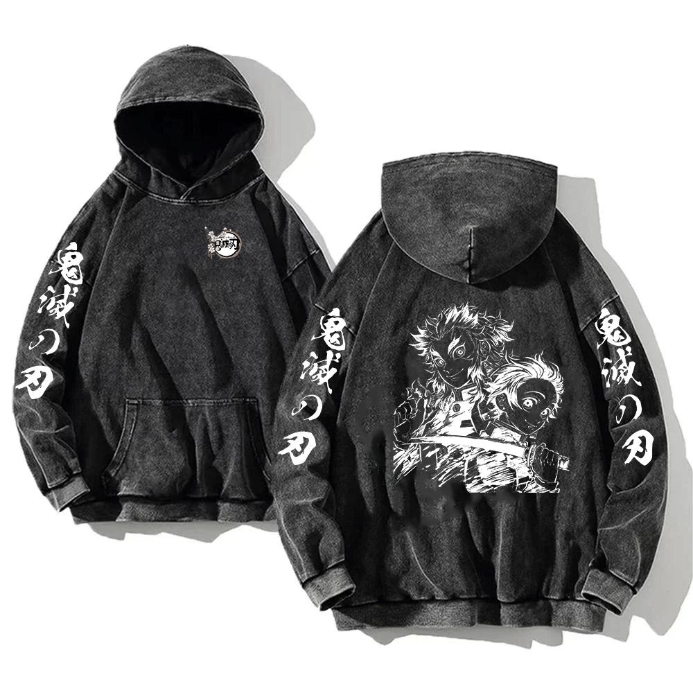 Hot Anime Demon Slayer Tanjirou Rengoku Kyoujurou Hooded Men Women Cotton Hoodies Retro Washed Pullover Harajuku Male Sweatshirt