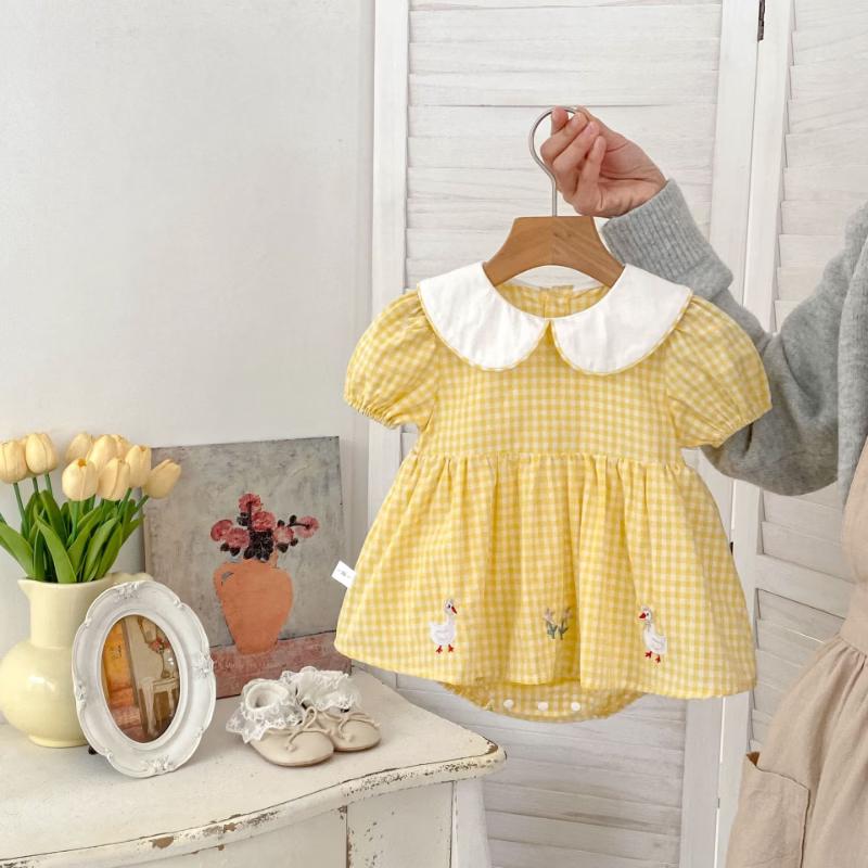 KAYOUDOU Baby Girl Plaid Embroidered Romper