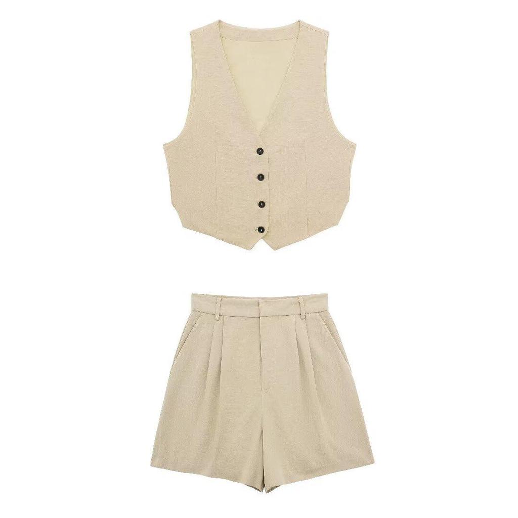 2024 Summer Women's Solid Color Fashion Split Vest & Shorts Set