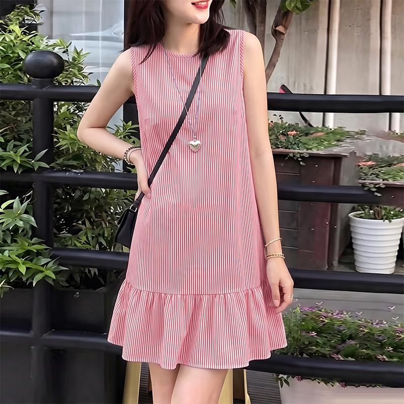 ZANZEA Women Casual Round Neck Loose Sleeveless Stripe Dress