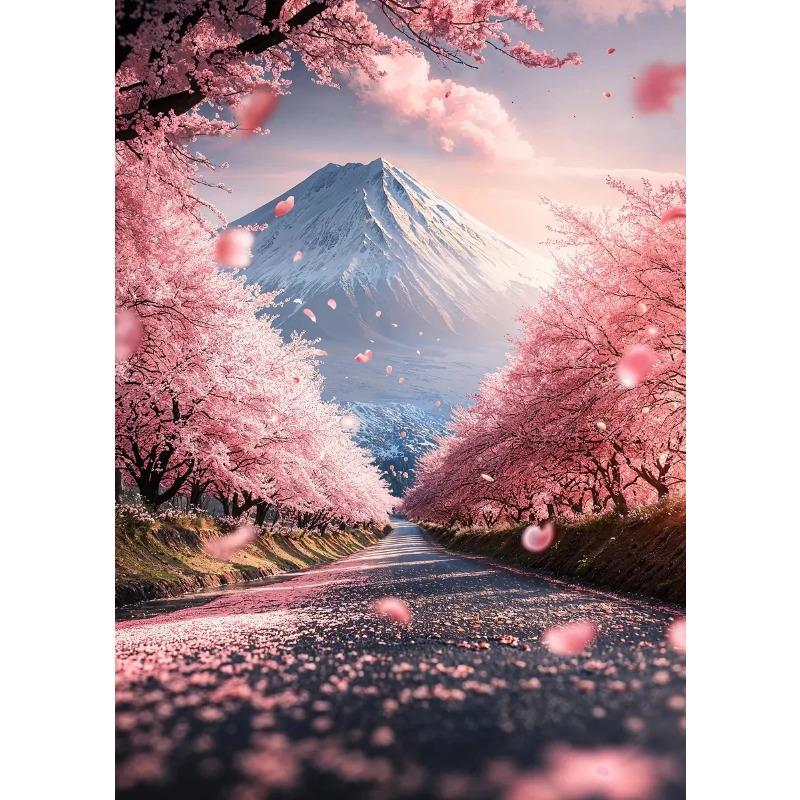 Pink City Asian Travel Japanese Cherry Blossoms At Mount Fuji Poster Light Prints Canvas Painting Wall Pictures Home Room Decor