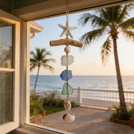 Sea Glass Wooden Nautical Wall Decor Handcrafted Starfish Shells Bathroom Hanging Decoration Beach Coastal Wall Art for Living Room Dining Room