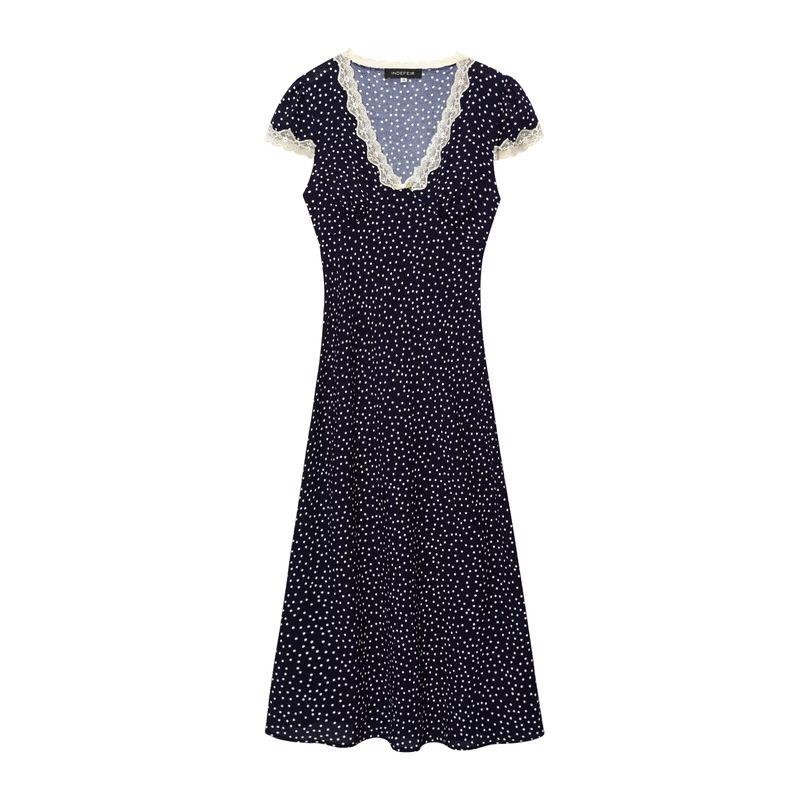 Kaslead New Arrival Women's Clothing Fashion Style Fashion French Style V-neck Lace Patchwork Polka Dot Dress