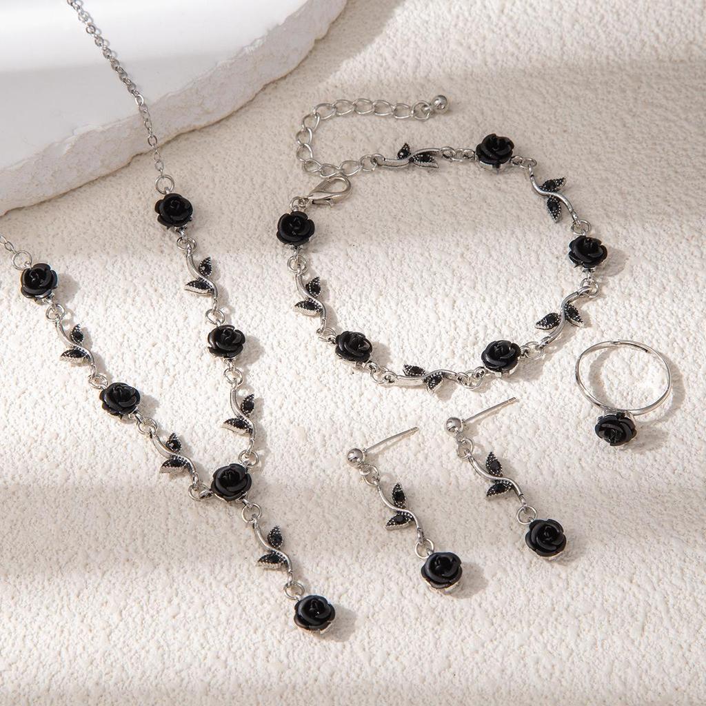 Elegant High-End Women's Retro Silver Fairy Jewelry Set: Black Knight Rose Earrings, Bracelet & Necklace