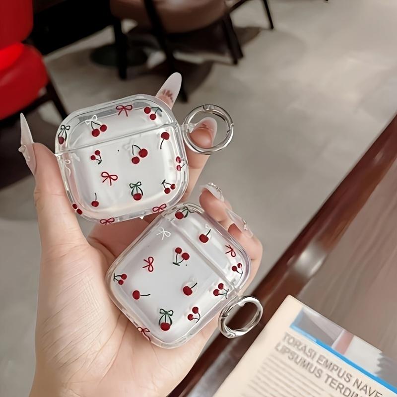 Cute Cherry Bow Pattern Suitable for Airpods 3 2 1 Pro 2 4 Pro3 Transparent Headphone Protective Case with Silver Ring Buckle