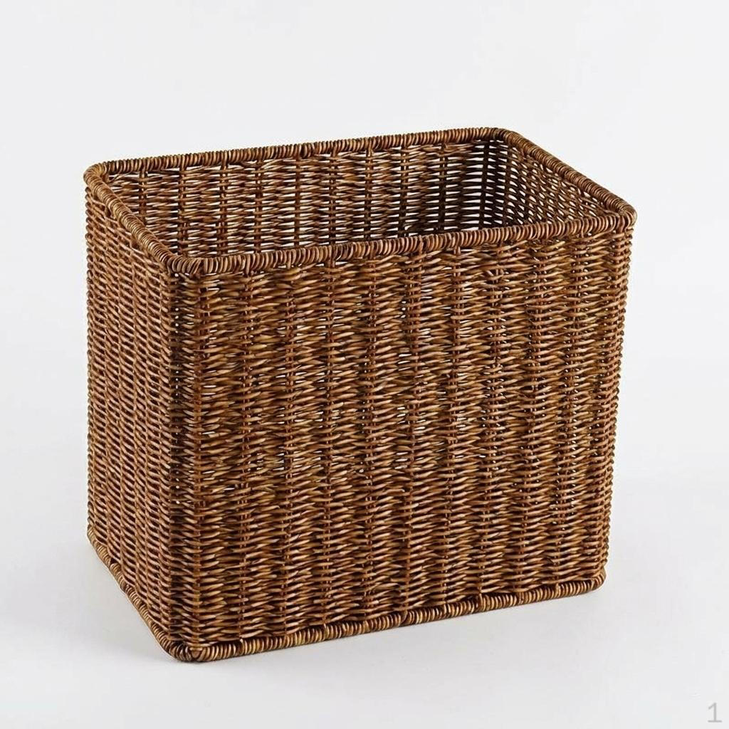 Woven Storage Baskets, Rectangular Wicker Basket with CutOut Handles, Tan Synthetic Rattan for
