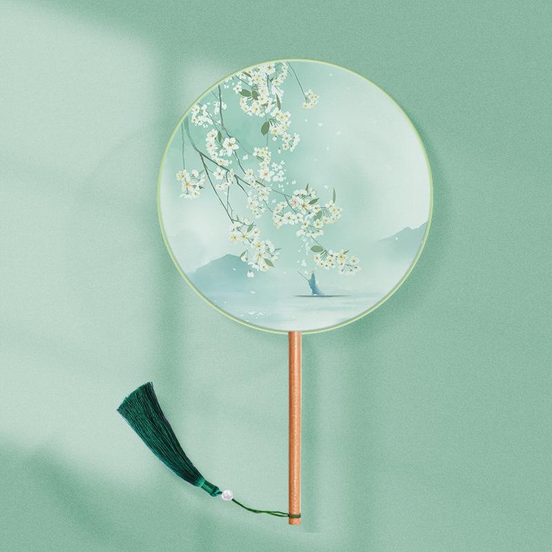 Translucent Embroidered Long-Handled Round Fan for Children's Hanfu and Cheongsam Costumes