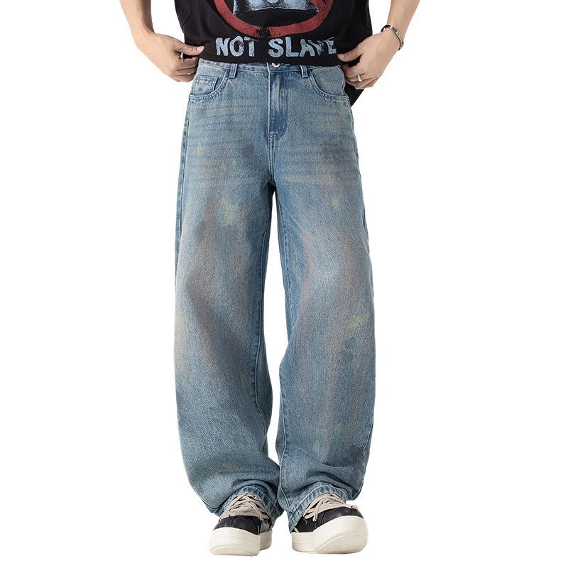 Retro jeans men's straight loose trendy brand wide legs American high street versatile long pants graffiti spray painting