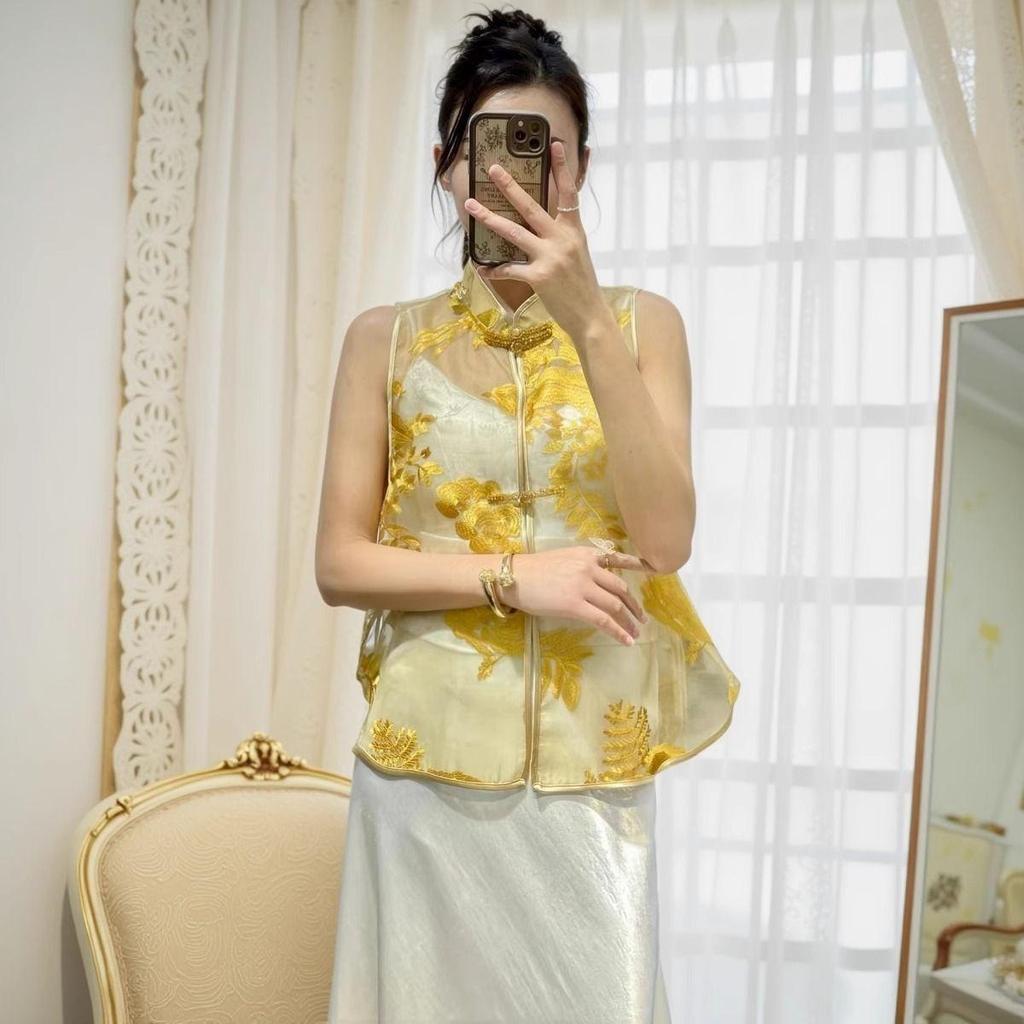 Embroidered Chinese vest antique top summer fashion new temperament retro Chinese stand-up collar 2025