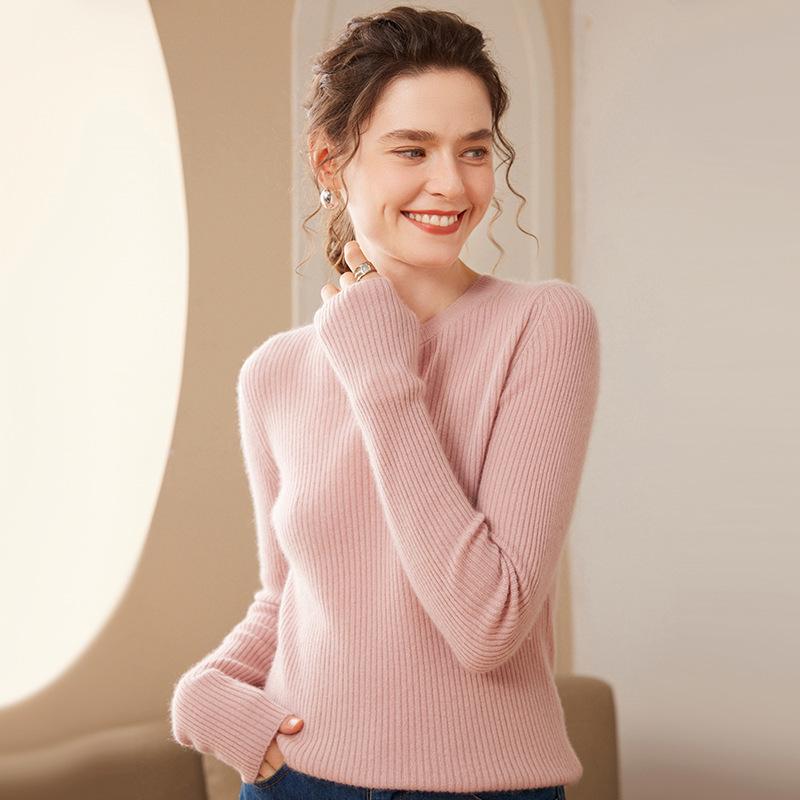 Women's Slim Fit Cashmere Striped Knit Pullover - Round Neck, Long Sleeve, Autumn/Winter Base Layer Sweater