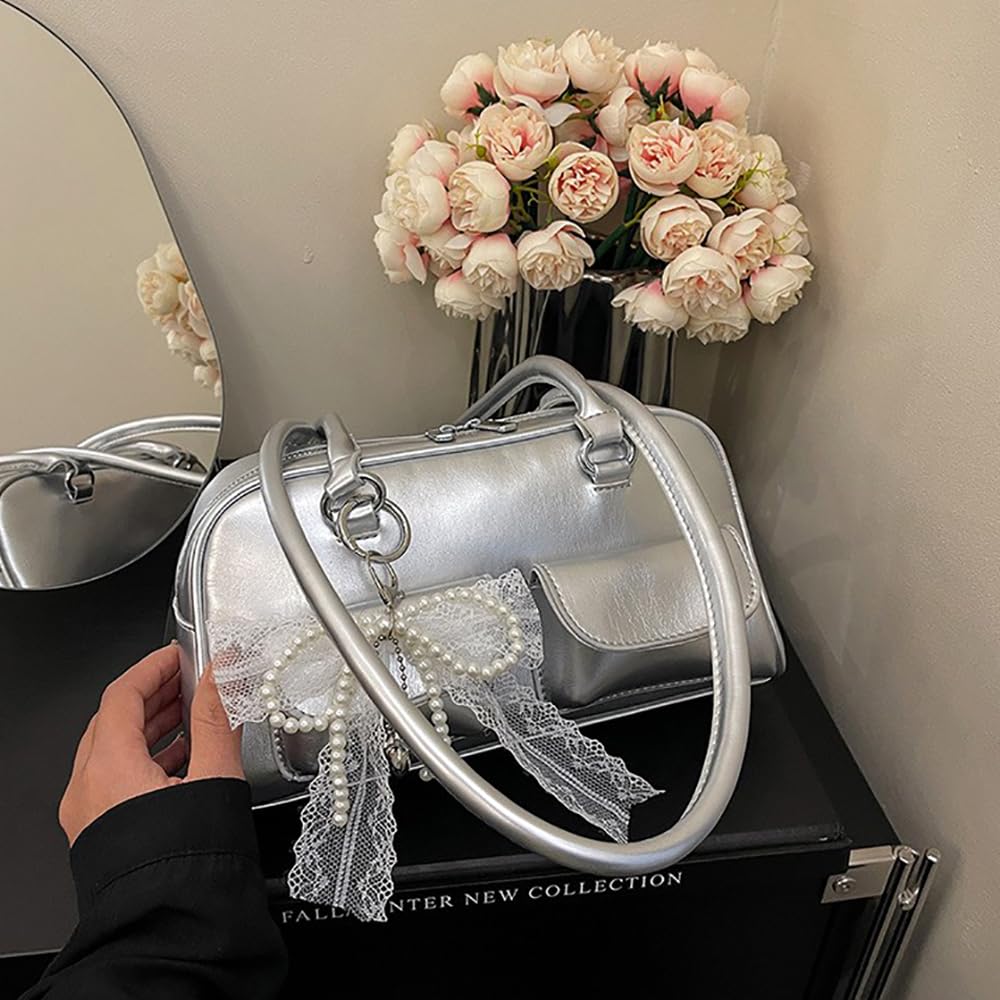 LIKENNY Ribbon Boston A4 Large Horizontal Ribbon and Bow Shoulder Cute Bag, Size, Capacity, Design, Women's Bag, Popular, Stylish, (Silver)