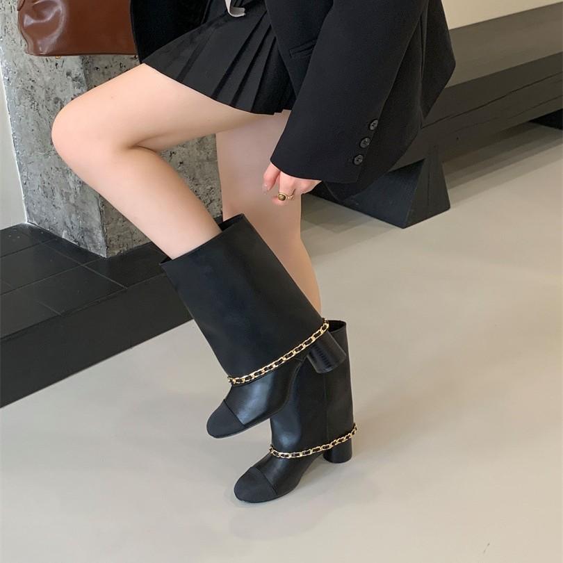 Xiaoxiangfeng trouser tube boots new round head color matching thick heel splicing sleeve high heel metal chain boots women