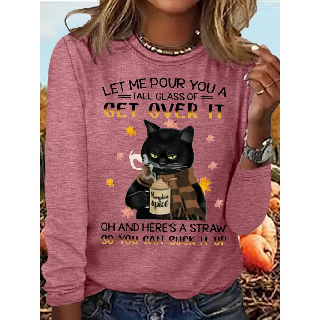 Okrągły dekolt 3D nadruk zabawny kot wzór top modny casual długi rękaw damskie koszulki