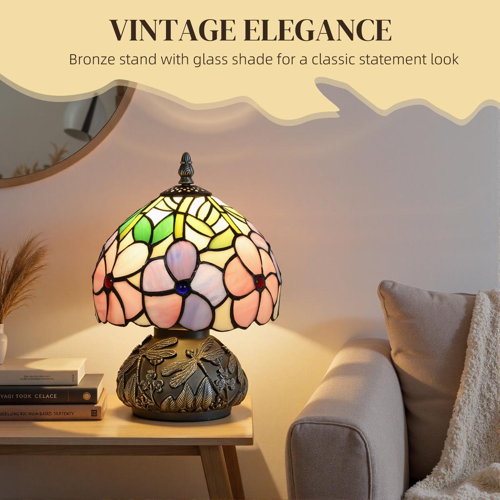 Tiffany-Style Table Lamp with Sculpted Dragonfly Base, Handcrafted Antique Stained Glass Bedside Lamp for Living Room and Bedroom, E27 Socket, Pink