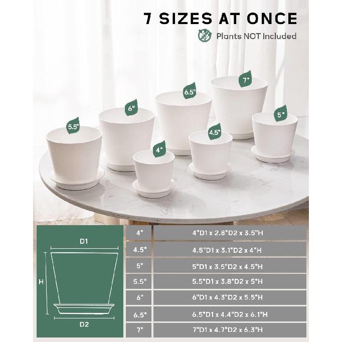 LaDoVita 7 Pack Plastic Plant Pots Indoor, 7/6.5/6/5.5/5/4.5/4 Inch Modern Planters for Plants, Flower Pots with Drainage Holes and Trays, White