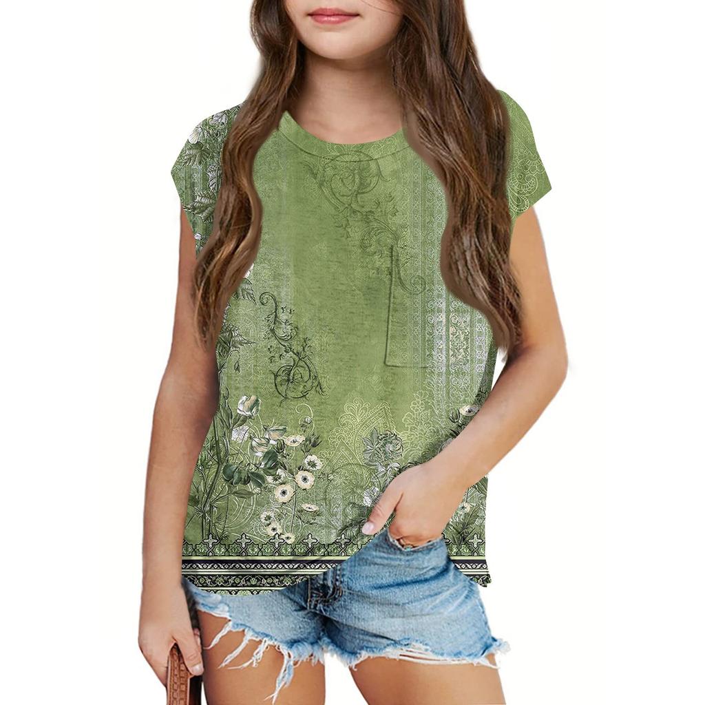 Sommer Rundhals 3D Vintage Floral Bedrucktes Top Modische Lässige Kurzarm Kinder Mädchen T-Shirts