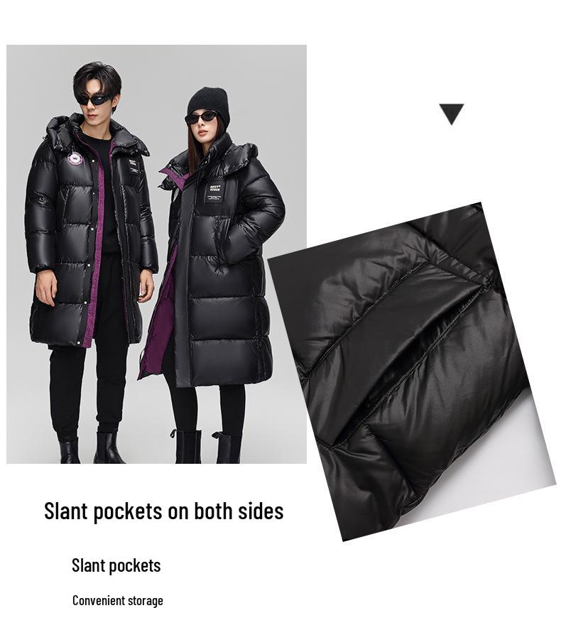 2024 Unisex Extra Long Hooded Black Cotton Jacket - Color Block Thickened Winter Coat