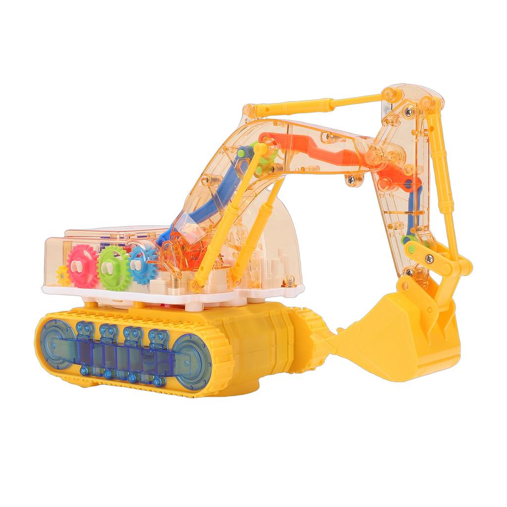 Light Up Transparent Gear Excavator Toy STEM Learning Excavator Construction Vehicle with Sound Effects Extendable Arm Yellow