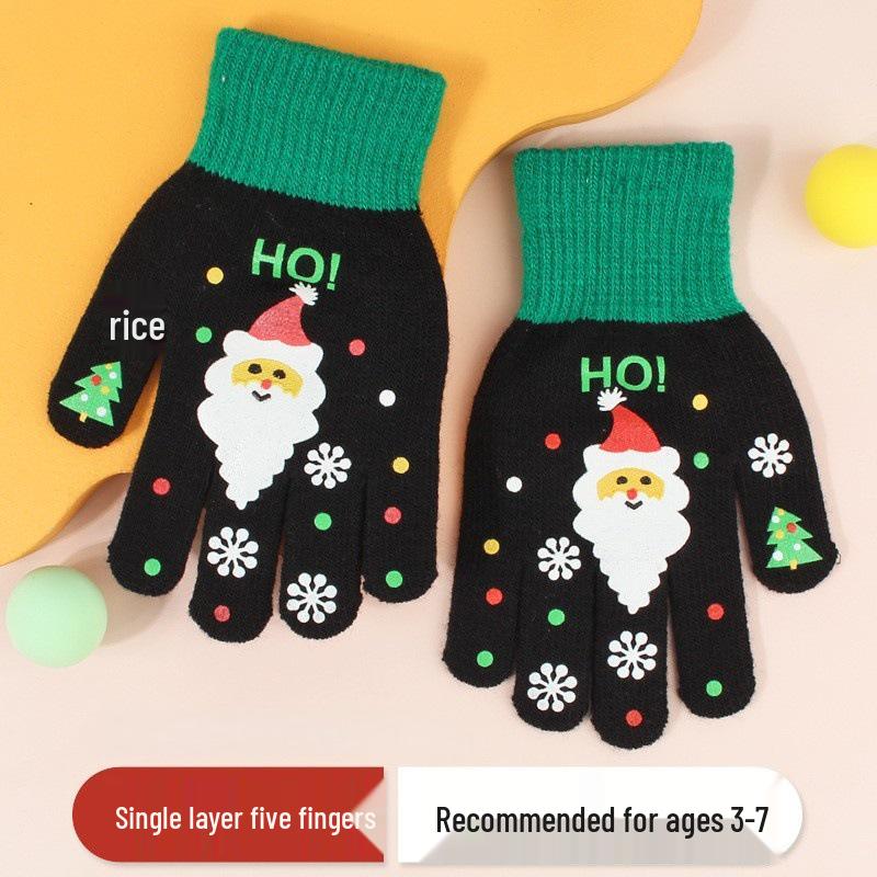 Children's Cute Cartoon Knitted Christmas Gloves - Five-Finger Warm Style for Boys and Girls