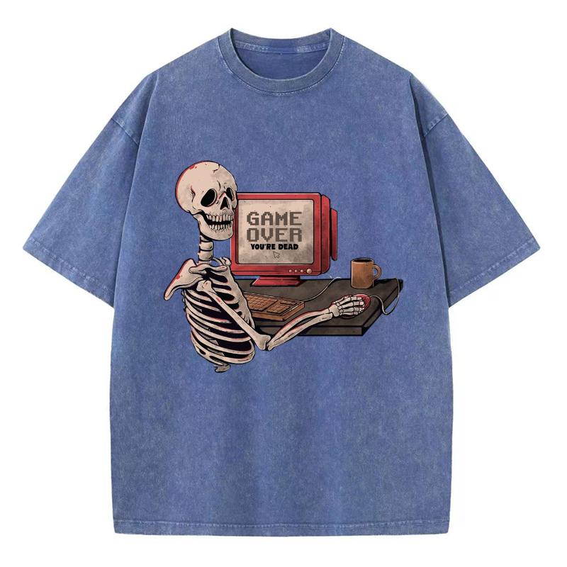 Y2K Casual Street Style Couple T-shirt Skull Print To Make Old Imitation Denim Short-Sleeved Round Neck Single