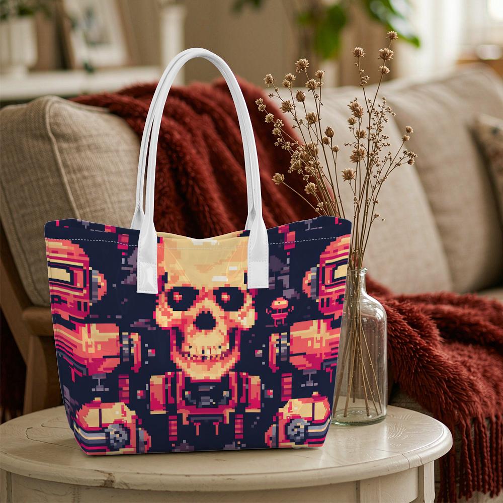 Pixel Skull Pattern Tote Bag Large Capacity Portable Daily Shoulder Purse for Streetwear