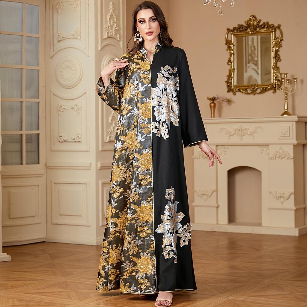 Middle East Muslim Women's Color Block V-Neck Jacquard Dress