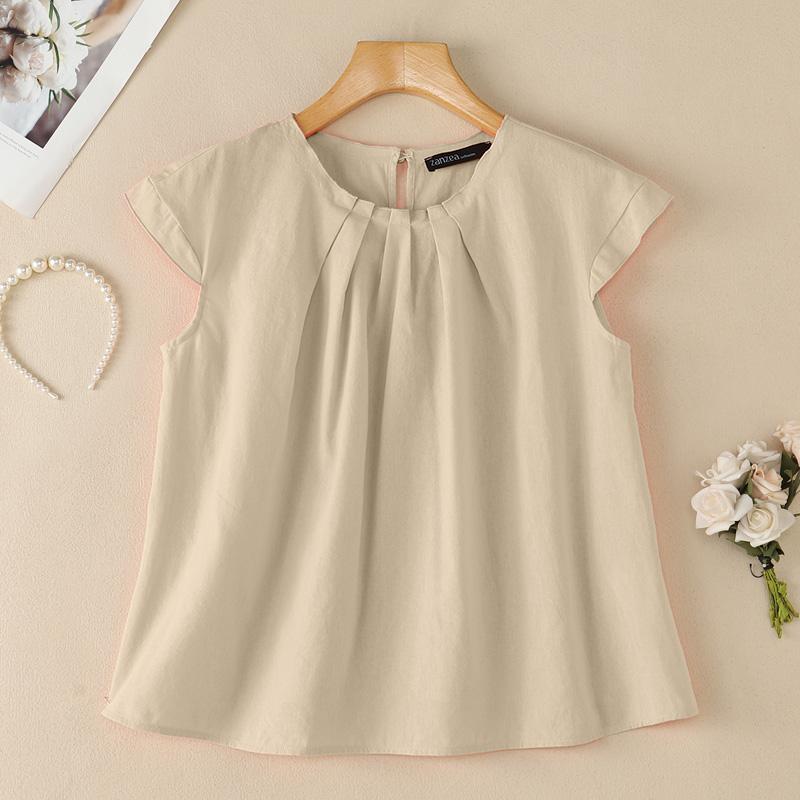 ZANZEA Women Casual Round Neck Solid Color Short Sleeve Cotton Blouse