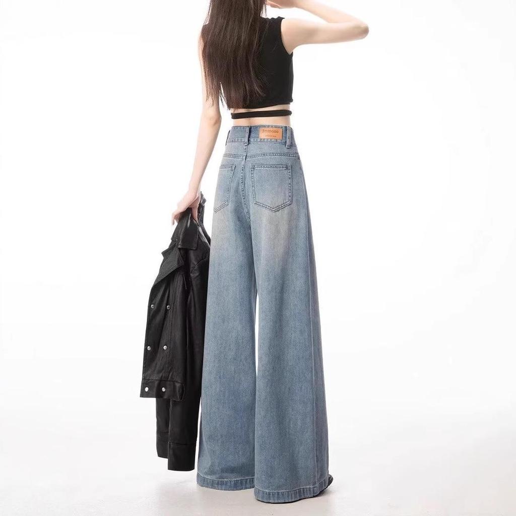 Women's Light Blue High-Waisted Wide-Leg Jeans - 2024 Spring/Autumn, Loose Casual Slimming Fit