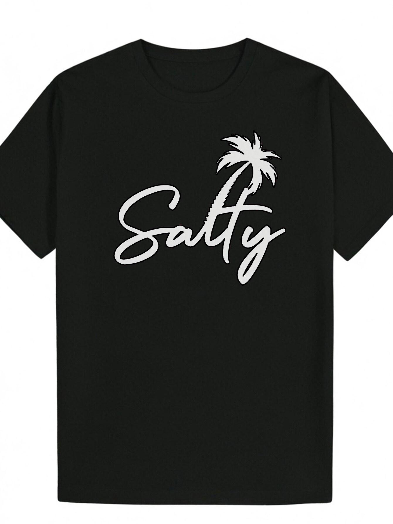 Short Sleeve T-shirt - Black with White  Salty  Cursive Lettering & Palm Tree Graphic XXXXL