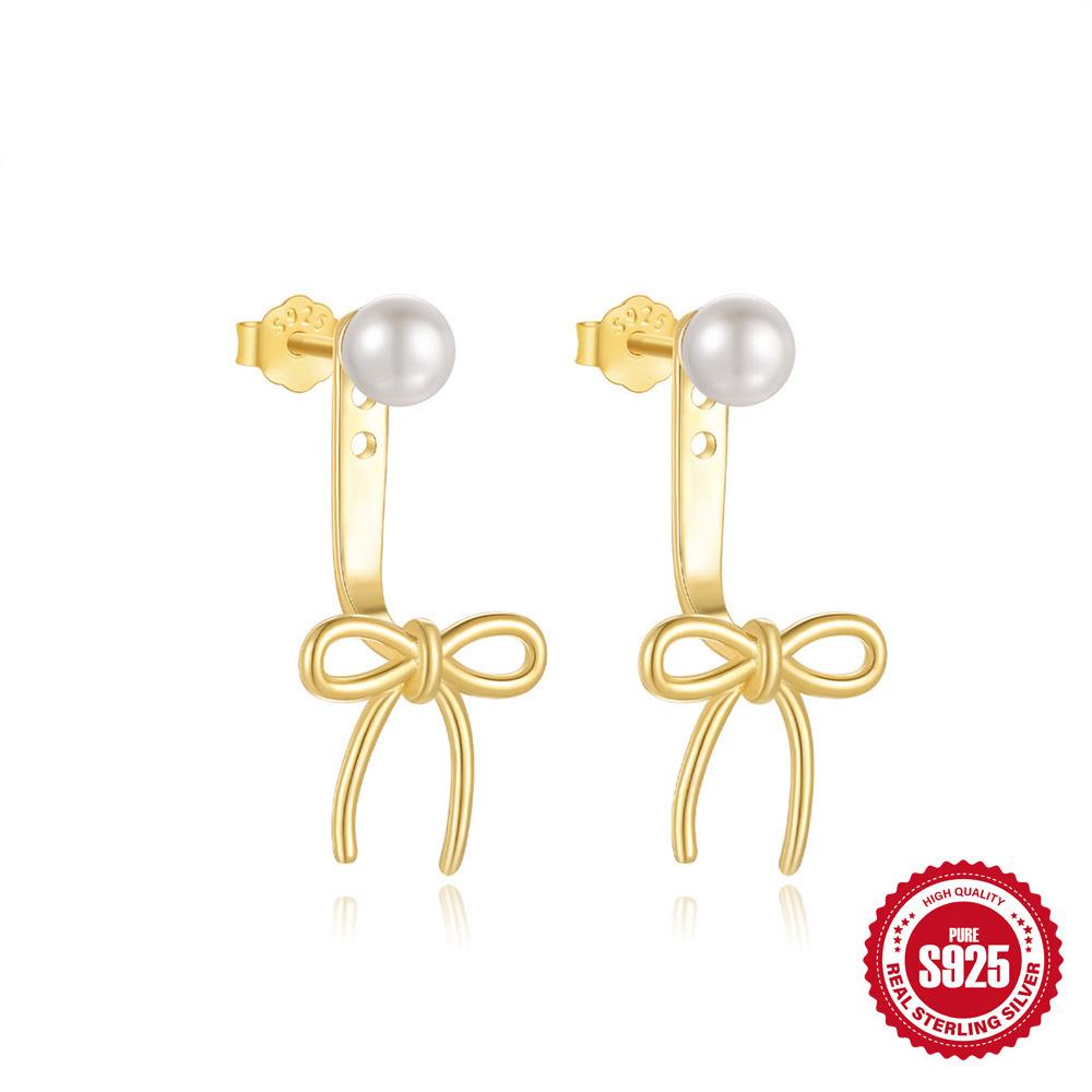 S925 Sterling Silver Compact Exquisite Design Stud Earrings Bow Pearl Ins Autumn Premium Atmosphere Earrings Women