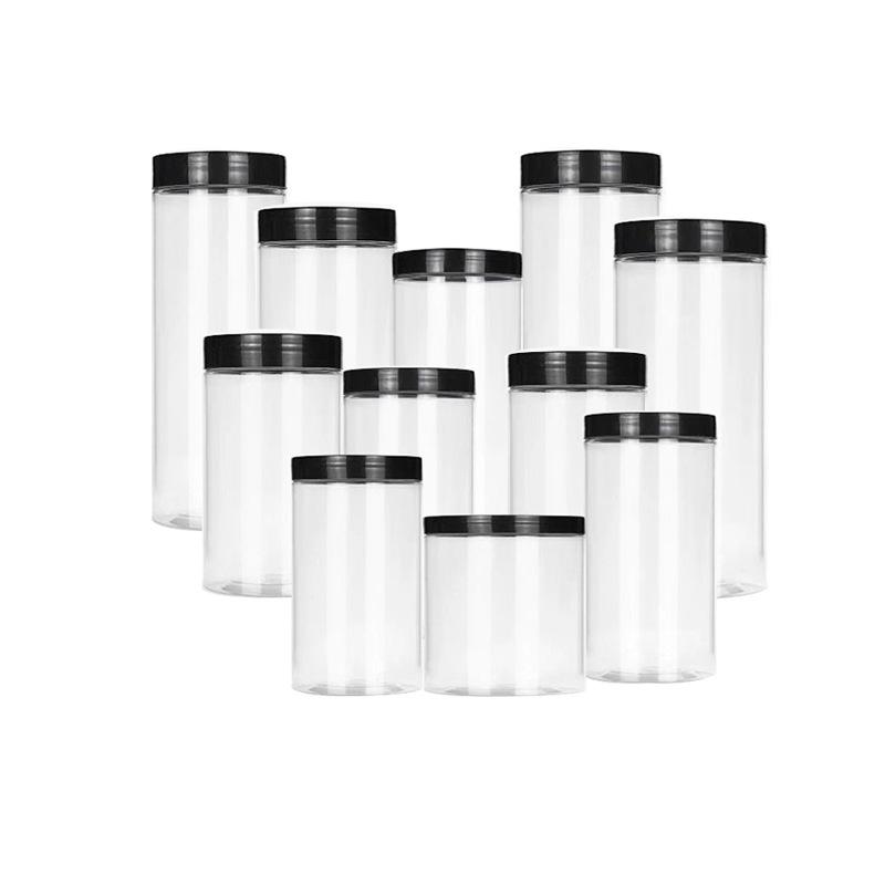 Black Lid Wide Mouth PET Food Jar for Snacks, Nuts, Grains, and Honey.