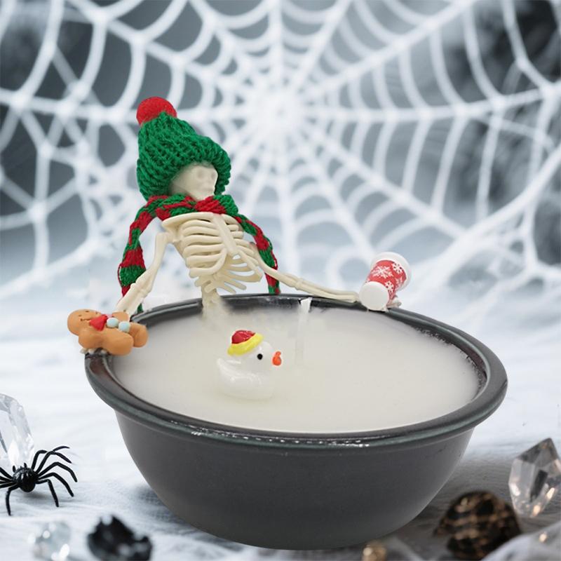 Halloween Skeleton Candle Decorations Ornament Gothic Cauldron Milk Basin Bathing Skull Candle With Hat Scarf Home Decor Gift